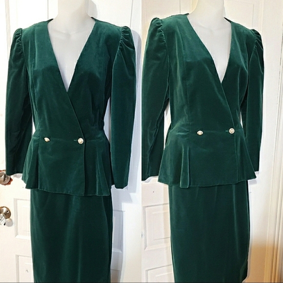 Vintage Green Velvet 80s Peplum Power Suit - Picture 1 of 16